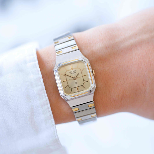 Orient Vintage Watch: Ladies 80s Golden Two Tone Rectangular Style