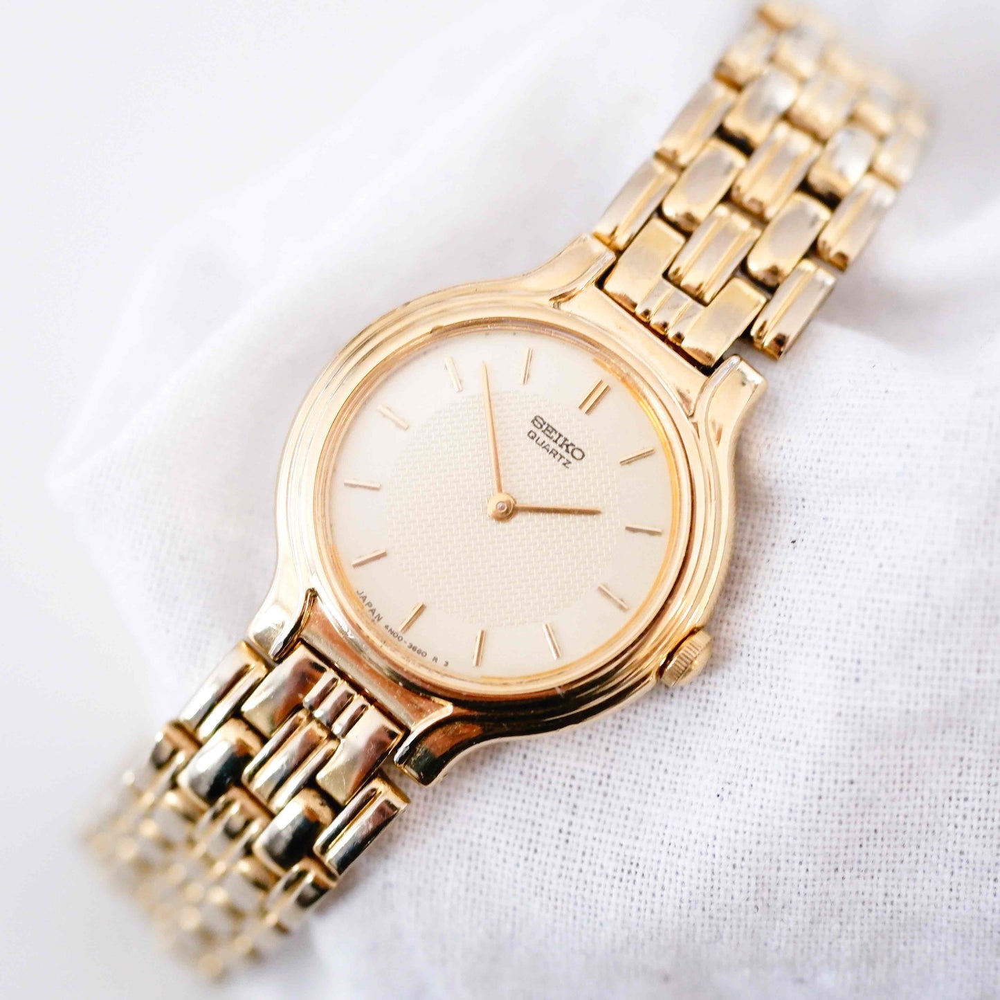 Seiko Cocktail Watch: Ladies Vintage 90s Gold Waffle Dial