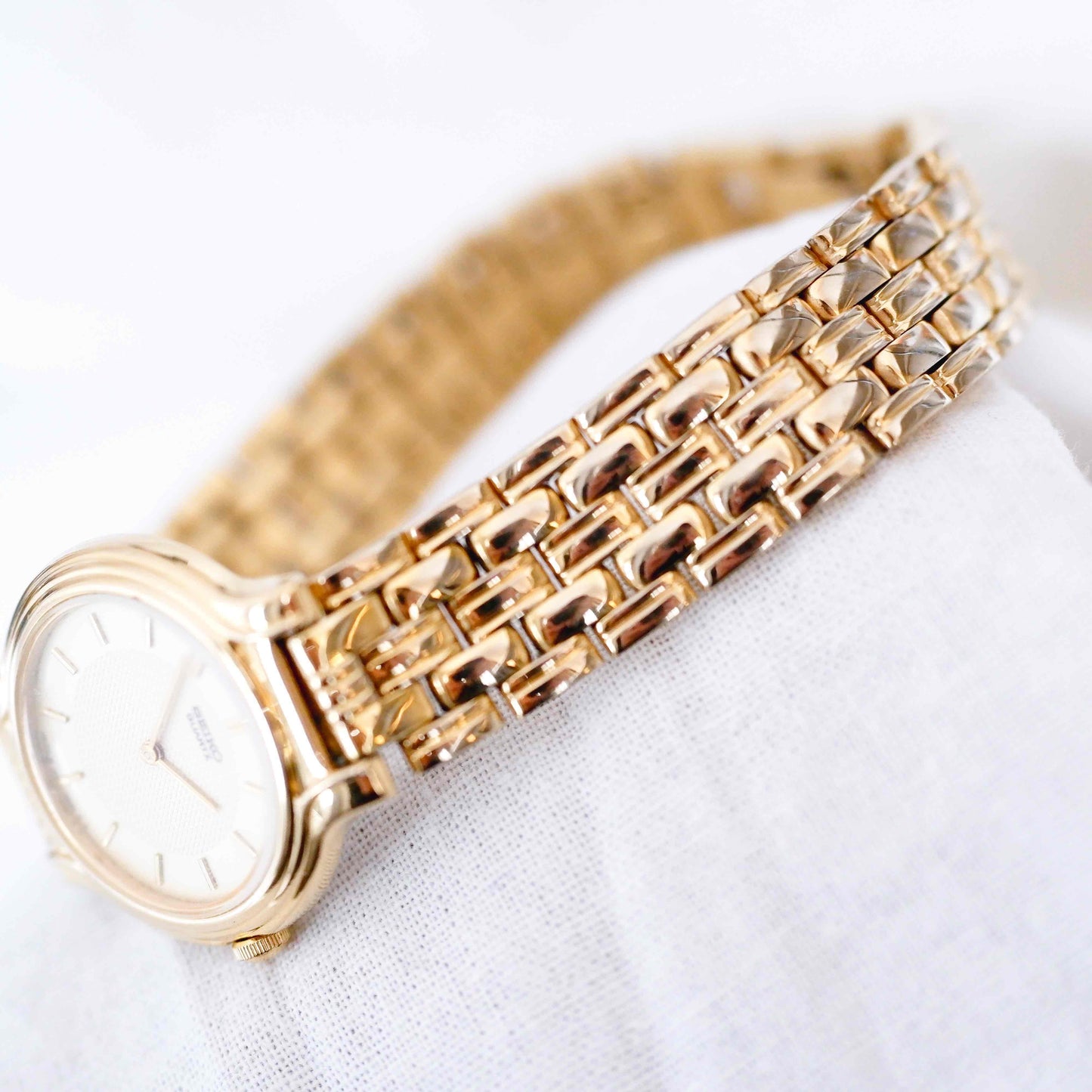 Seiko Cocktail Watch: Ladies Vintage 90s Gold Waffle Dial
