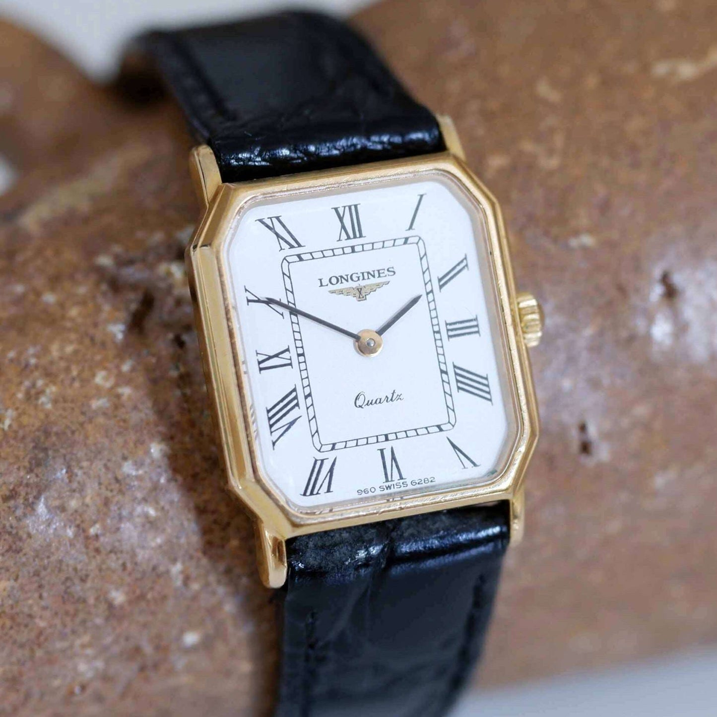 Longines Vintage Ladies Watch: 90s Golden, Rectangular with Roman Numerals | Slight Left Side