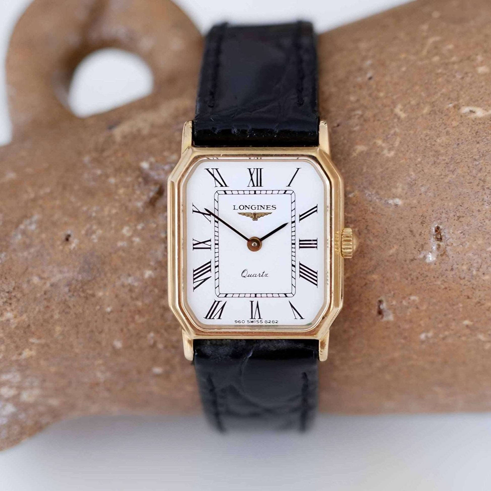 Longines Vintage Ladies Watch: 90s Golden, Rectangular with Roman Numerals | Second Front Side