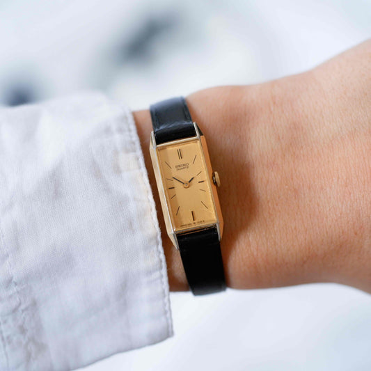 Seiko Vintage Watch: Ladies 80s Gold Rectangular with Champagne Dial