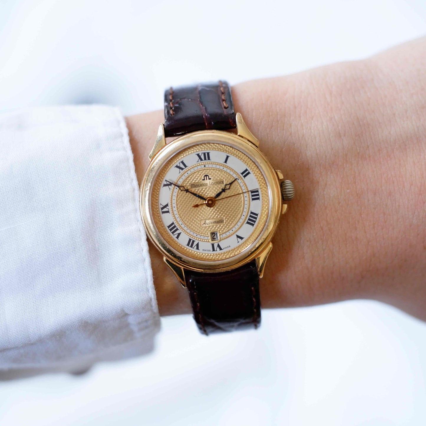 Maurice Lacroix Watch: Vintage Automatic Ladies 90s Gold Guilloche Dial