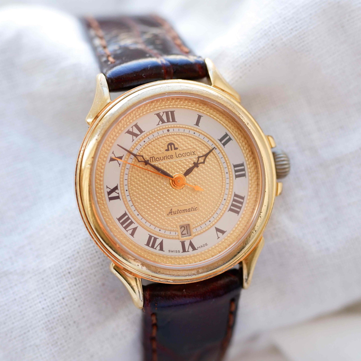 Maurice Lacroix Watch: Vintage Automatic Ladies 90s Gold Guilloche Dial