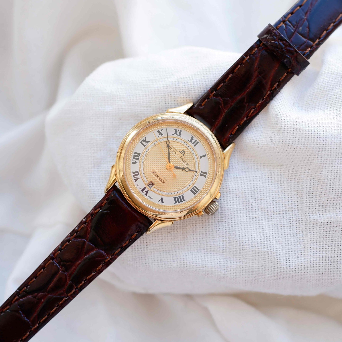 Maurice Lacroix Watch: Vintage Automatic Ladies 90s Gold Guilloche Dial