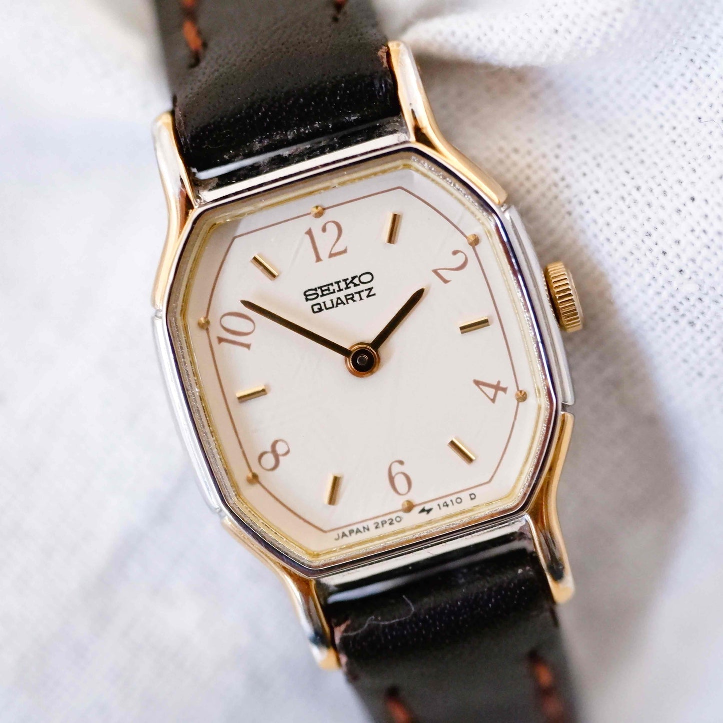 Seiko Vintage Watch: Ladies 80s Golden Two Tone Rectangular with White Dial