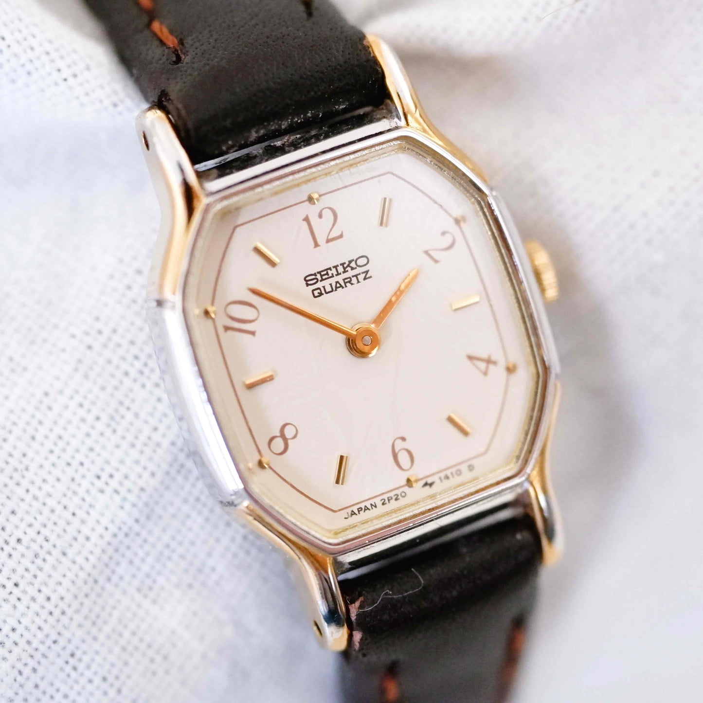 Seiko Vintage Watch: Ladies 80s Golden Two Tone Rectangular with White Dial