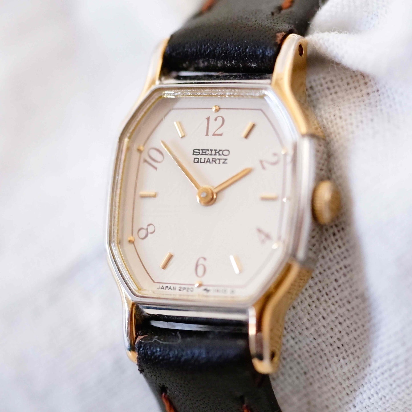 Seiko Vintage Watch: Ladies 80s Golden Two Tone Rectangular with White Dial
