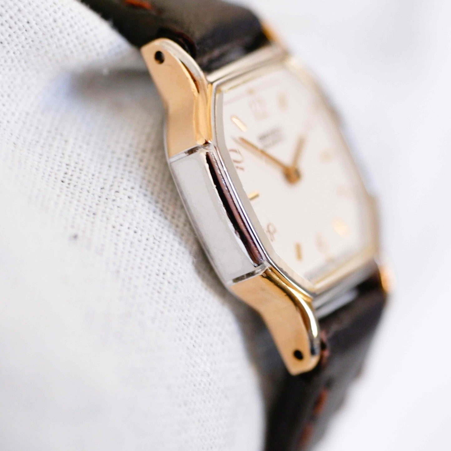 Seiko Vintage Watch: Ladies 80s Golden Two Tone Rectangular with White Dial