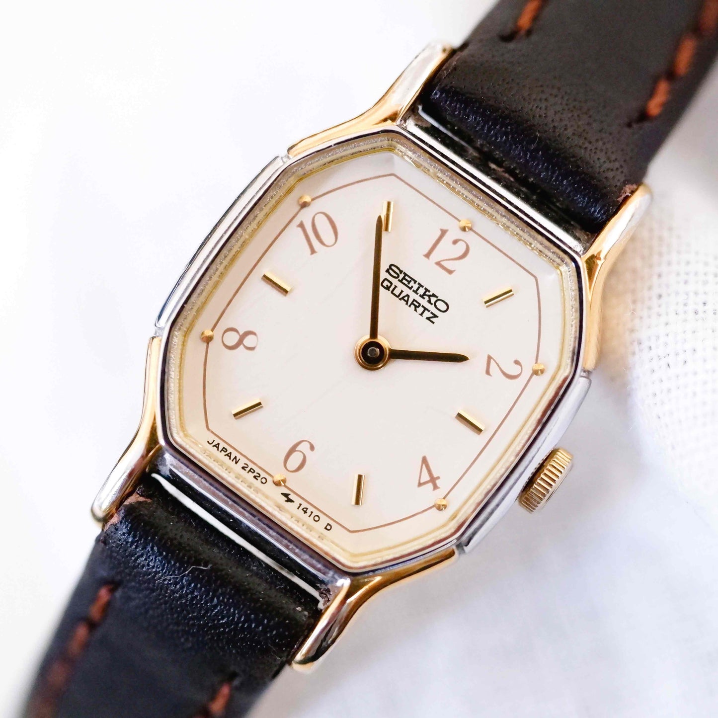 Seiko Vintage Watch: Ladies 80s Golden Two Tone Rectangular with White Dial