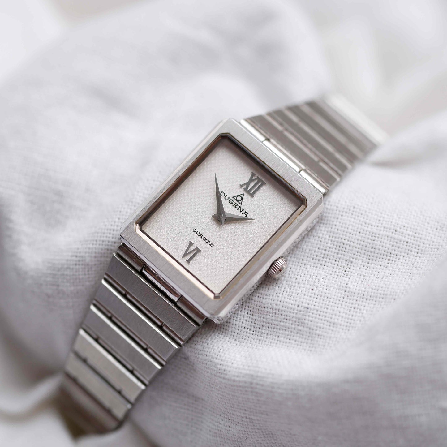 Dugena Tank: Vintage Ladies Silver Watch 90s White Dial - NOS