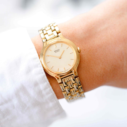 Seiko Cocktail Watch: Ladies Vintage 90s Gold Waffle Dial