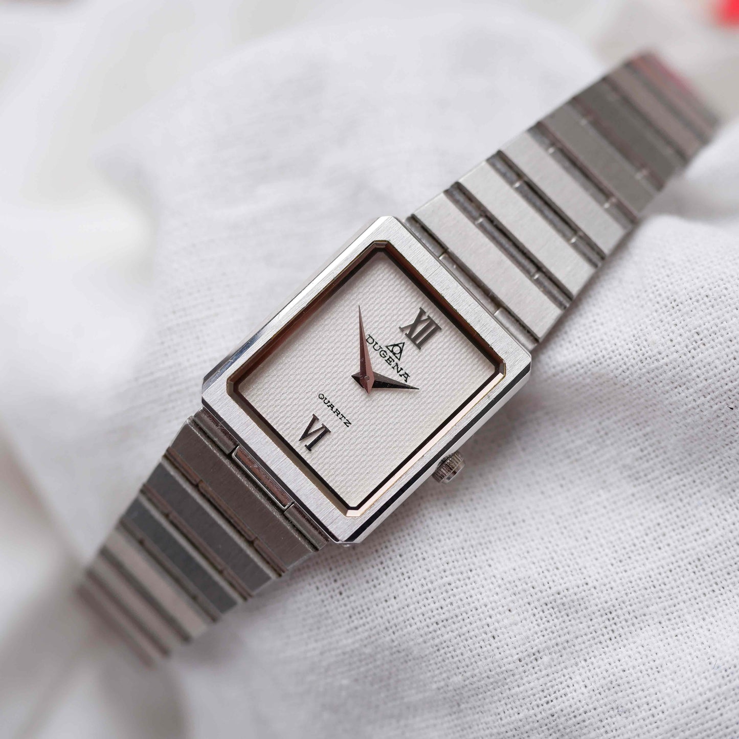 Dugena Tank: Vintage Ladies Silver Watch 90s White Dial - NOS