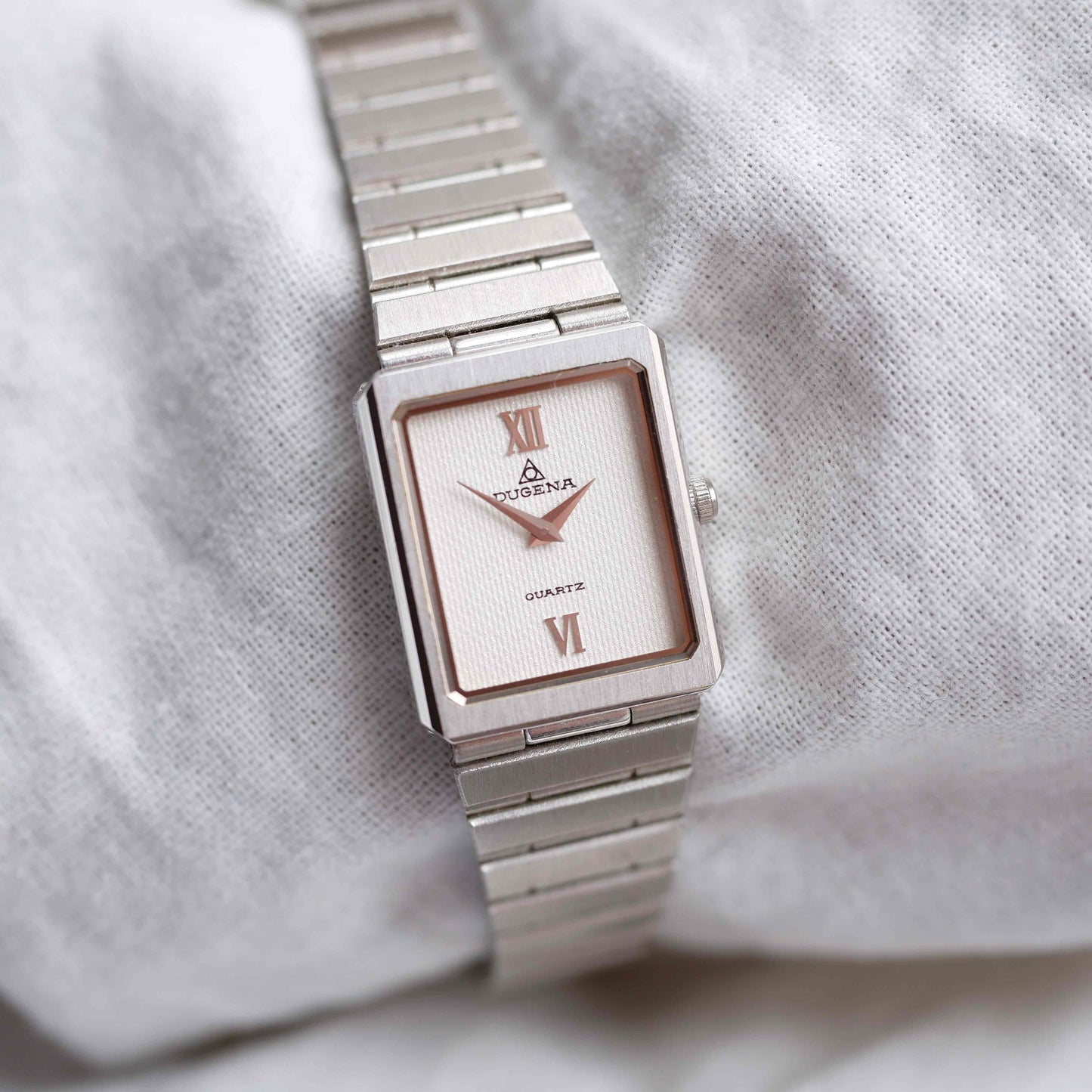 Dugena Tank: Vintage Ladies Silver Watch 90s White Dial - NOS