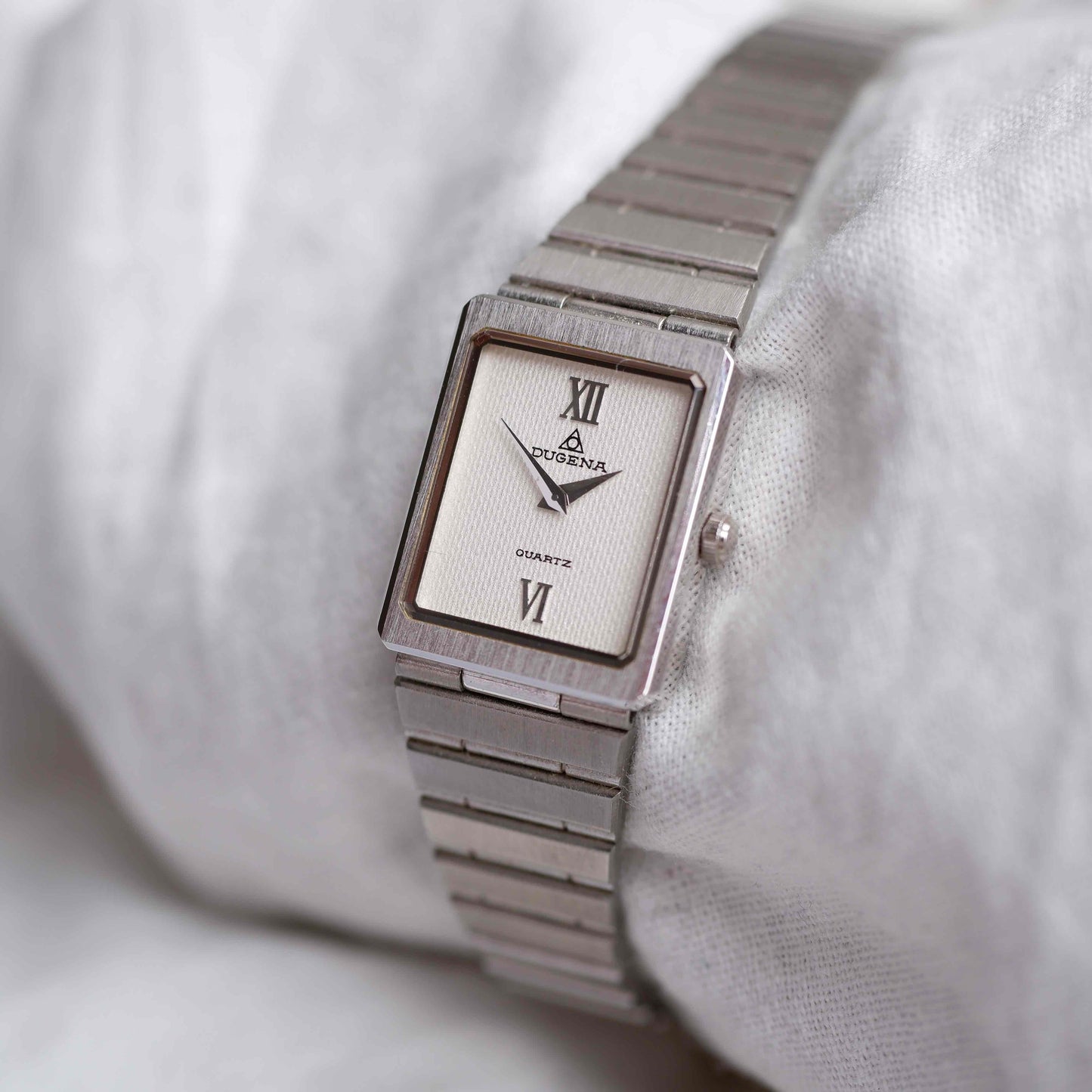 Dugena Tank: Vintage Ladies Silver Watch 90s White Dial - NOS