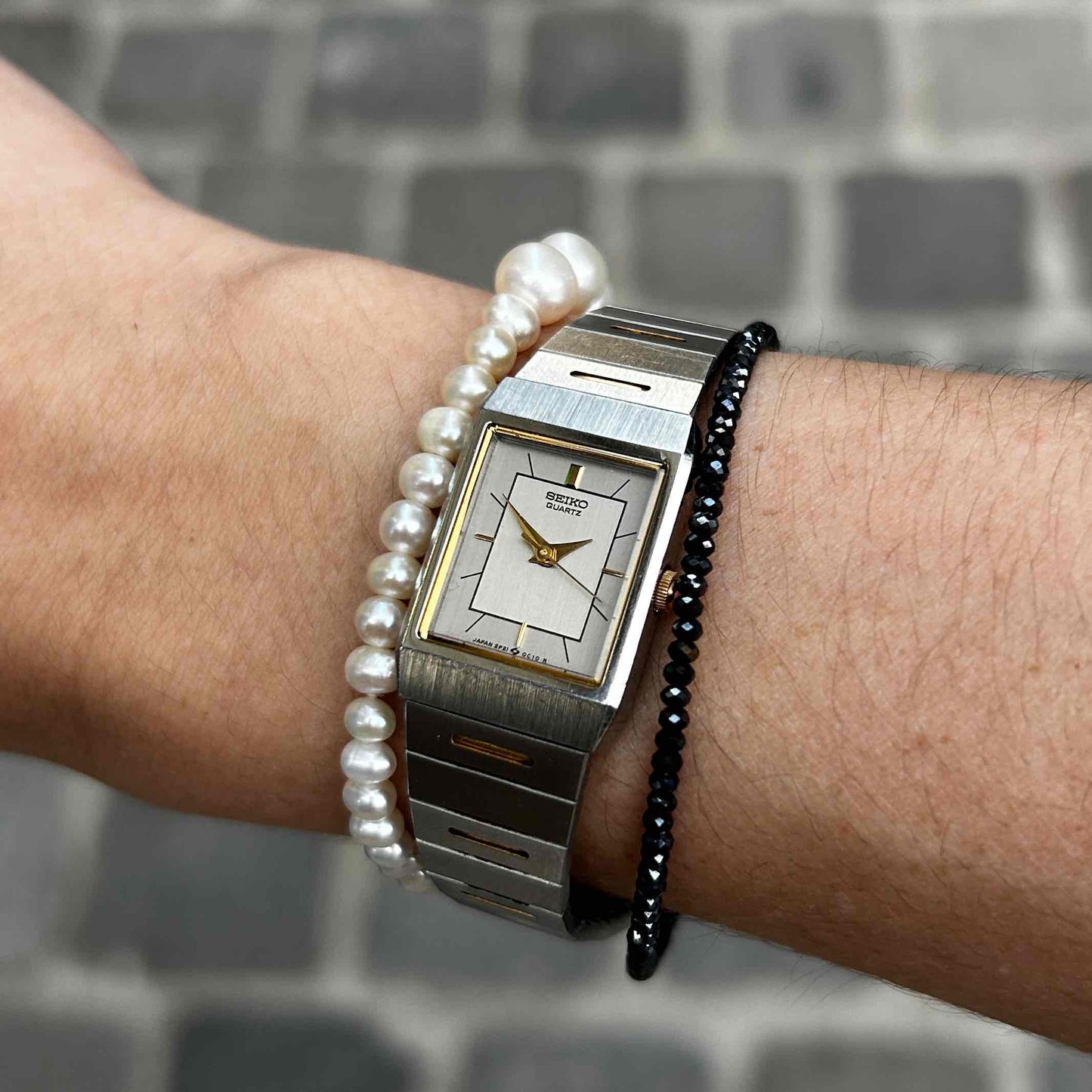 Seiko Dainty Tank Watch: Ladies Vintage 80s Two-Tone Gray and Gold Dial