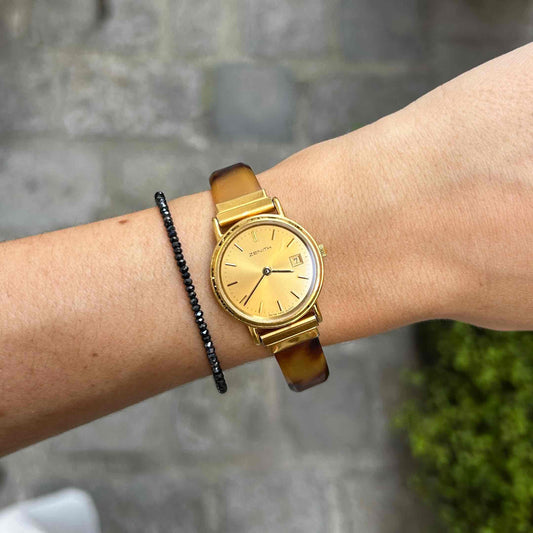 Zenith Cocktail Watch: Vintage Ladies 80s Golden Dainty with Amber Style Bracelet