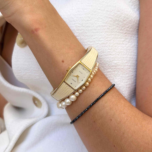 Grovana Bangle Watch: Vintage Ladies 70s Golden Mechanical with Ivory Colored Inlays