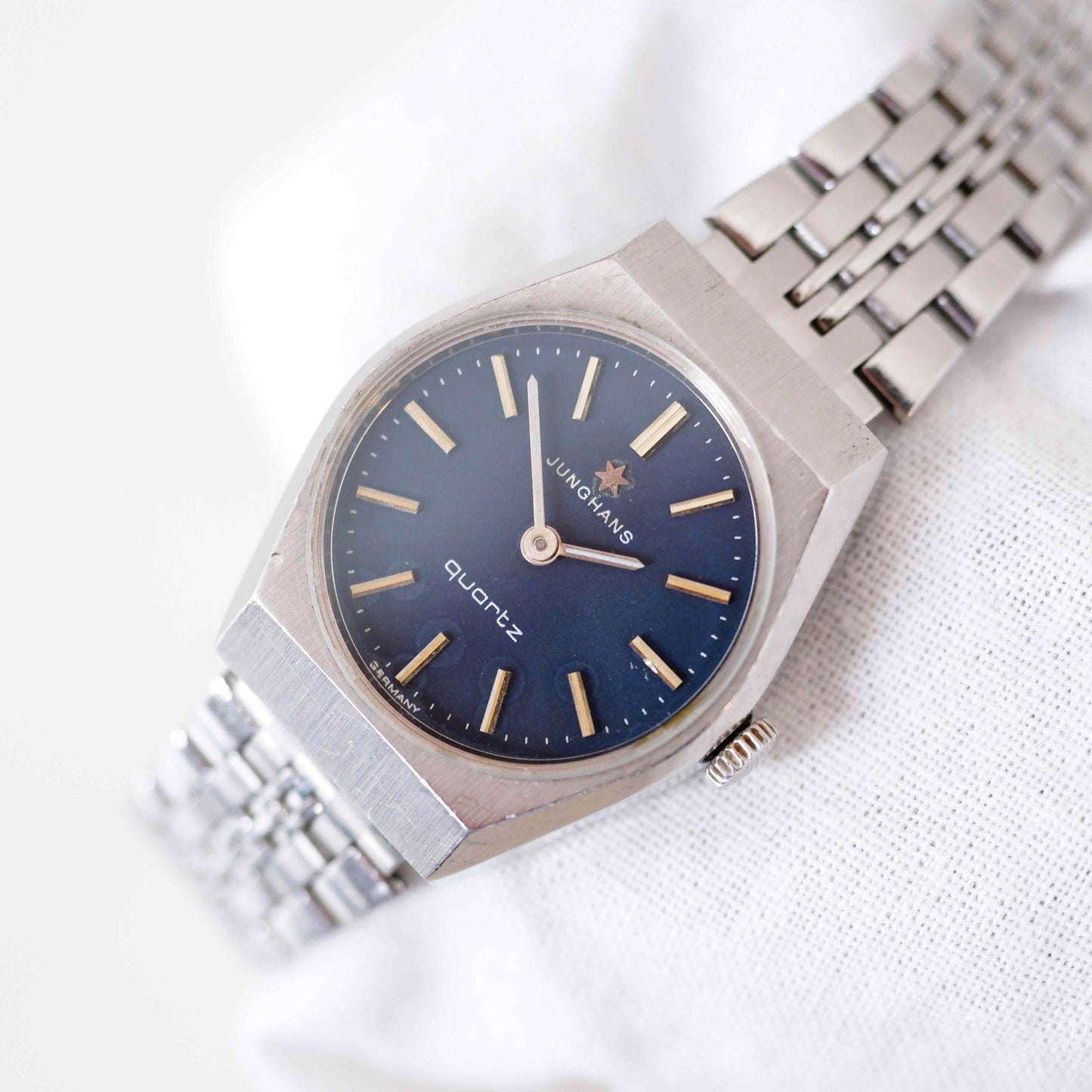 Junghans Vintage Ladies Watch: 90s Silver with Classic Blue Dial, Second Front Side