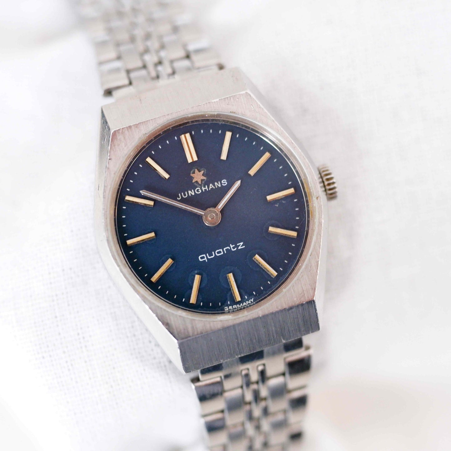 Junghans Vintage Ladies Watch: 90s Silver with Classic Blue Dial, Slight Left Side