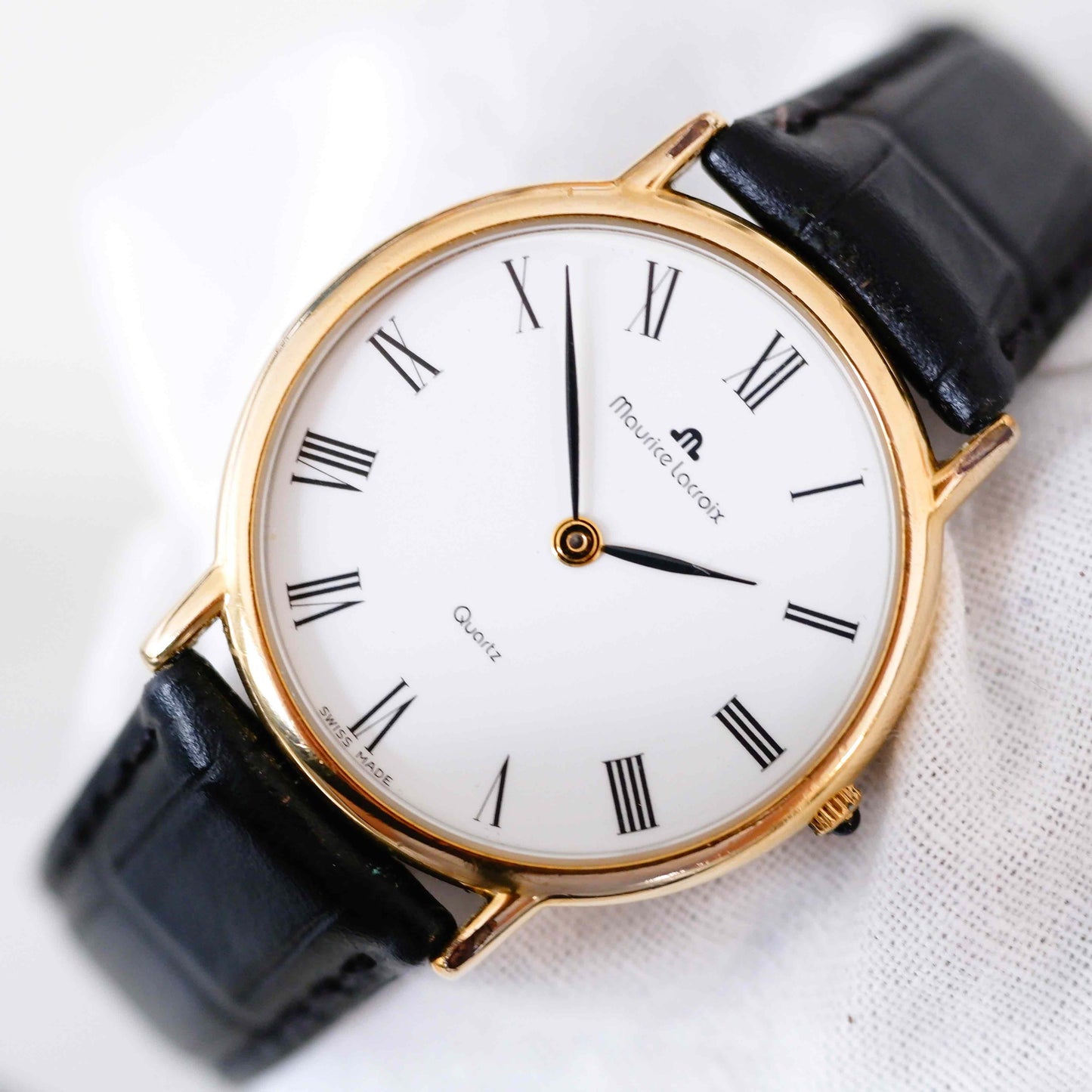 Maurice Lacroix Vintage Ladies Watch: 90s Gold Two Hand with Iconic Roman Numerals | Second Front Side