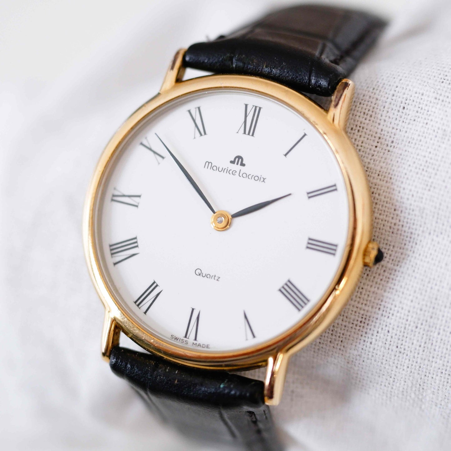 Maurice Lacroix Vintage Ladies Watch: 90s Gold Two Hand with Iconic Roman Numerals | Slight Right Side