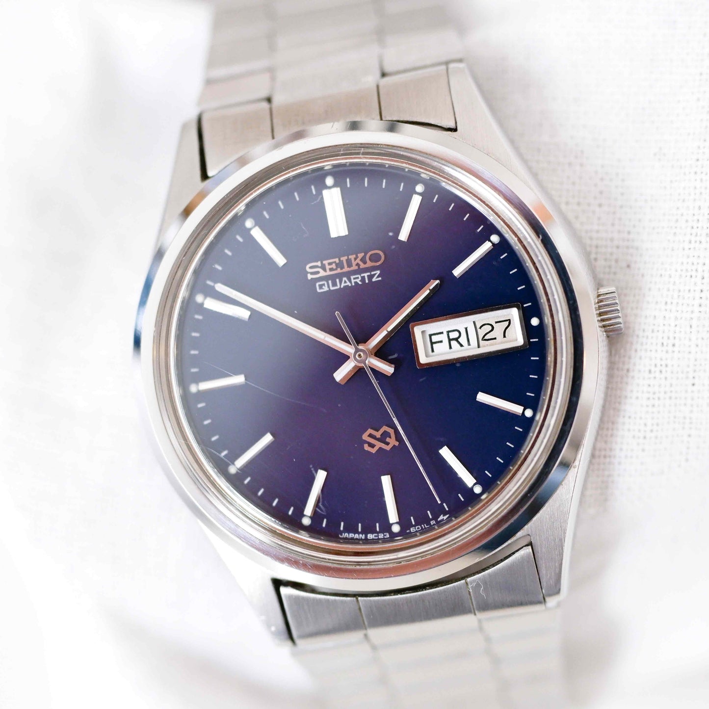 Seiko SQ Vintage Ladies Watch: 80s Silver, Blue Dial, Day Date Window, First Front Side