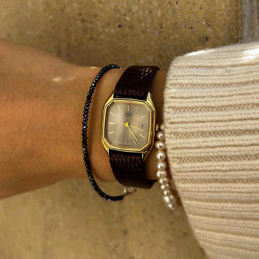 Seiko Vintage Tank: Ladies Watch 80s Gold with Gray Sunburst Dial