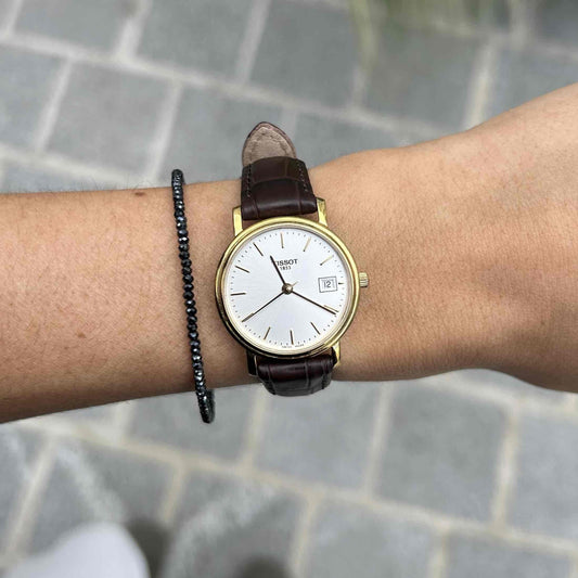 Tissot Vintage Watch: Ladies 90s Golden Iconic Design with White Sunburst Dial