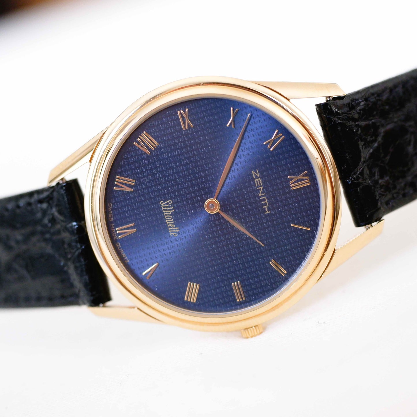 Zenith Vintage Watch: Ladies 90s Gold with Blue Guilloche Dial - New Old Stock | Second Front Side