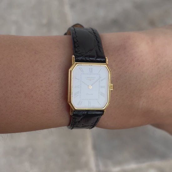 Longines Vintage Ladies Watch: 90s Golden, Rectangular with Roman Numerals | Wrist Shot Video