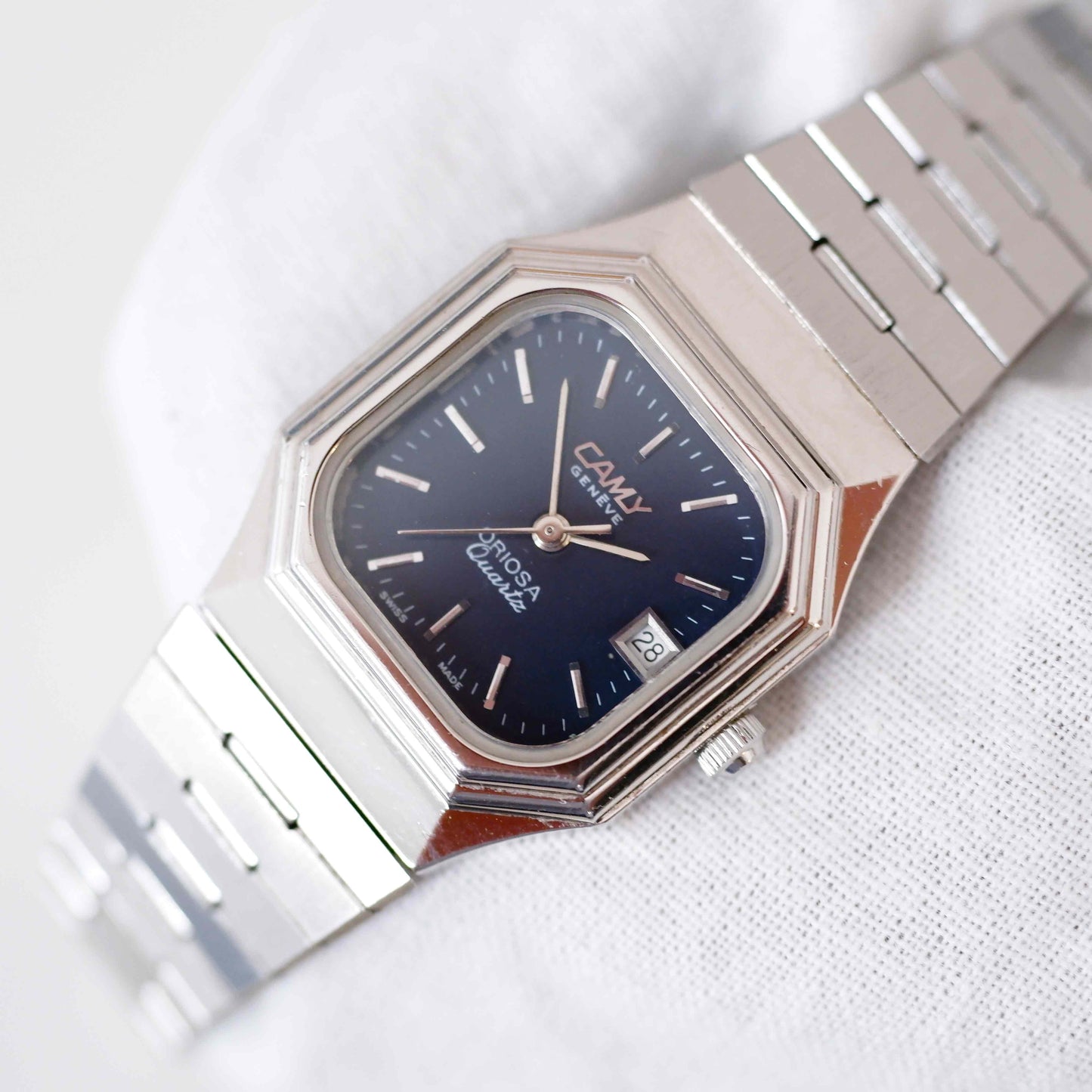 Camy Vintage Ladies Watch: 70s Silver with Classic Blue Dial | Second Front Side