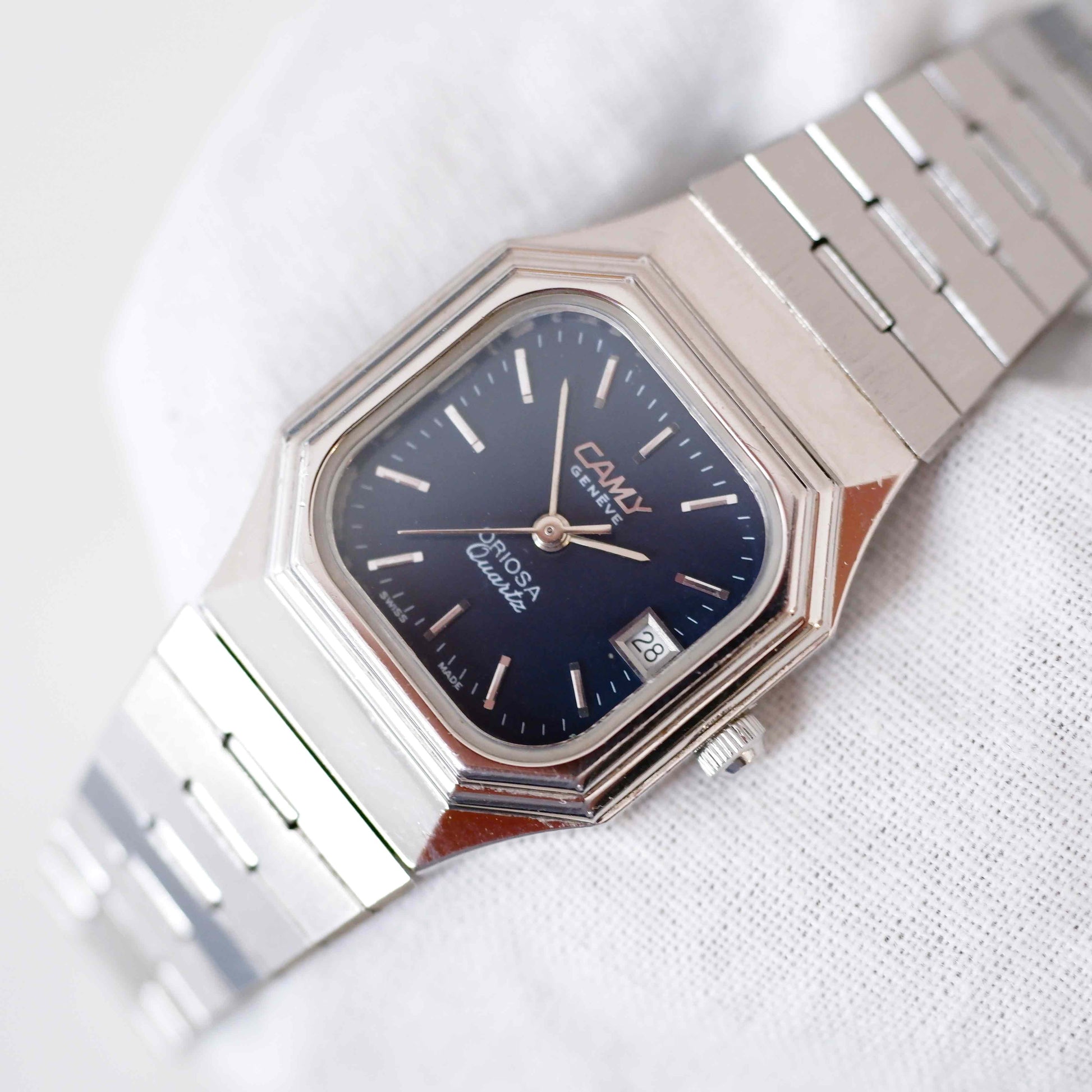 Camy Vintage Ladies Watch: 70s Silver with Classic Blue Dial | Second Front Side