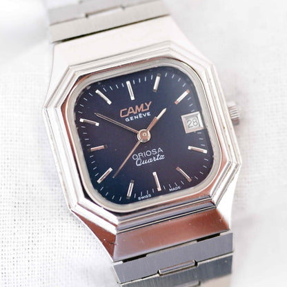 Camy Vintage Ladies Watch: 70s Silver with Classic Blue Dial | Slight Left Side