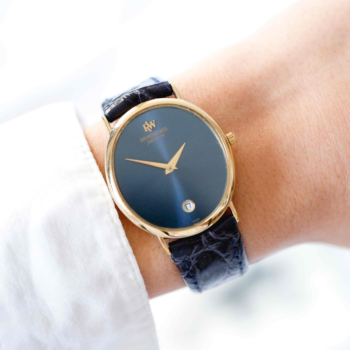 Raymond Weil Watch: Vintage Ladies 90s Golden Oval Style with Blue Sunburst Dial