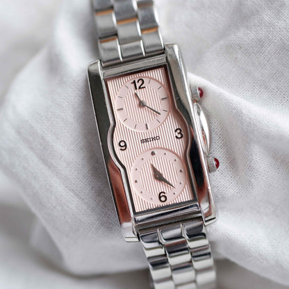 Seiko Dual Time: Vintage Ladies Watch 90s Rose Stripe Dial