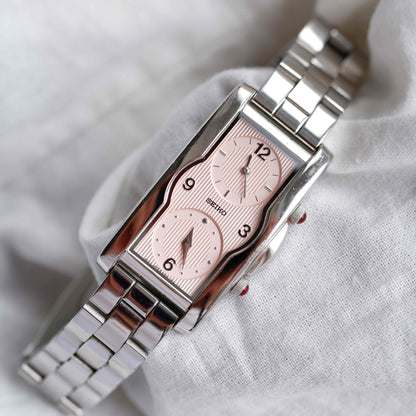 Seiko Dual Time: Vintage Ladies Watch 90s Rose Stripe Dial