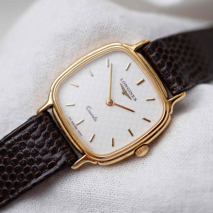 Longines Vintage Watch: Ladies 80s Gold Structured White Dial with Box