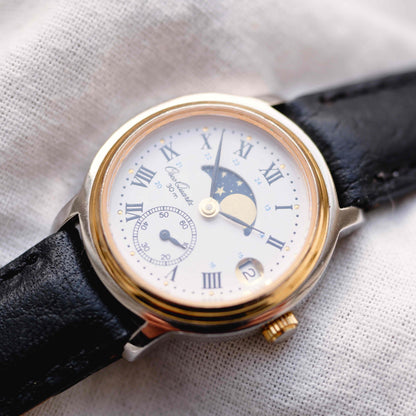 Osco Moon Phase Watch: Ladies 90s Gold with Roman Numerals Blue White Dial