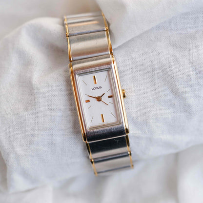 Lorus Vintage Watch: Ladies 90s Golden Two Tone Rectangular Style