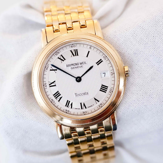 Raymond Weil Toccata: Vintage Ladies Watch 90s Golden Roman White Guilloche Dial