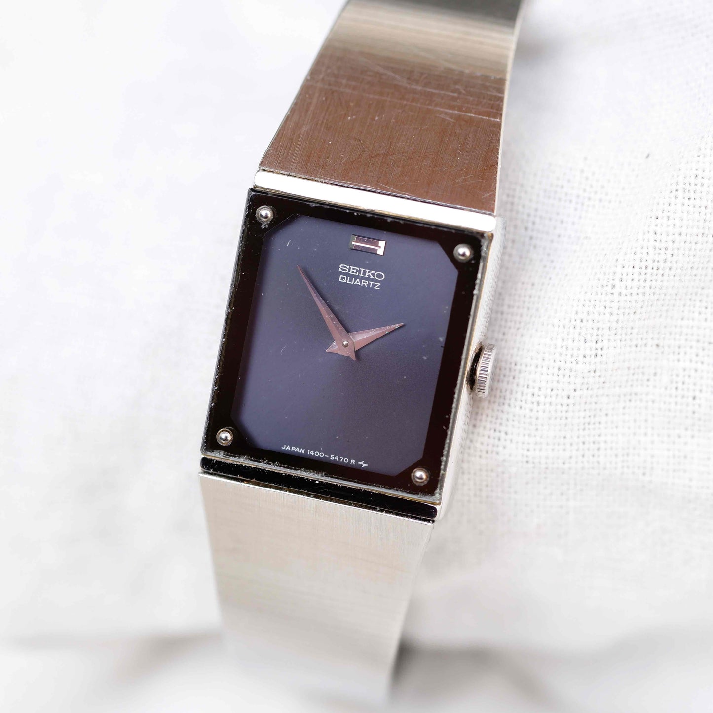 Seiko Tank Watch: Ladies Vintage 80s Modernism Midnight Blue Dial