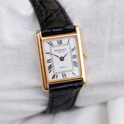 Raymond Weil Tank: Vintage Ladies Watch 90s Golden Rectangular Style with Roman Numerals