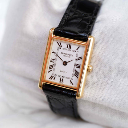 Raymond Weil Tank: Vintage Ladies Watch 90s Golden Rectangular Style with Roman Numerals
