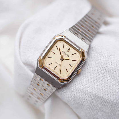 Orient Vintage Watch: Ladies 80s Golden Two Tone Rectangular Style