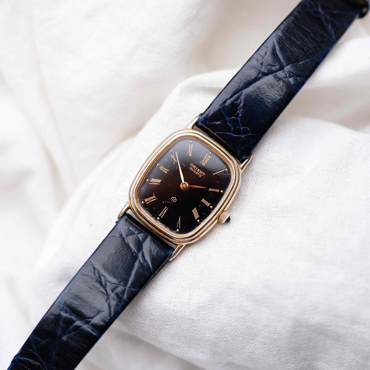 Orient Tank Watch: Ladies 80s Golden Classic Black Roman Dial