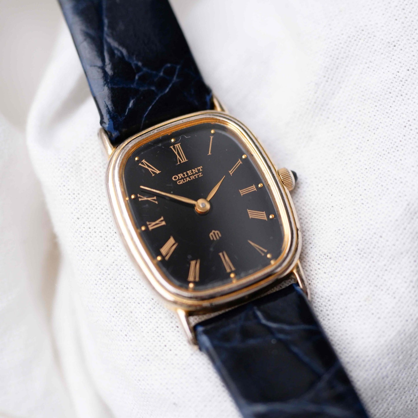 Orient Tank Watch: Ladies 80s Golden Classic Black Roman Dial
