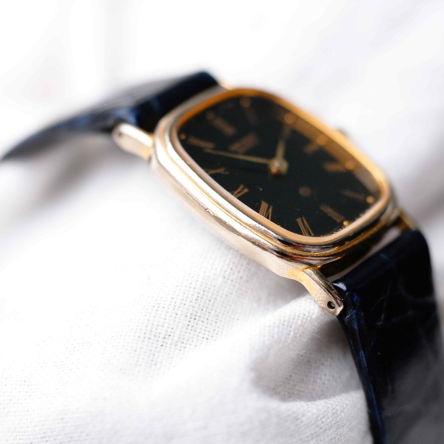 Orient Tank Watch: Ladies 80s Golden Classic Black Roman Dial
