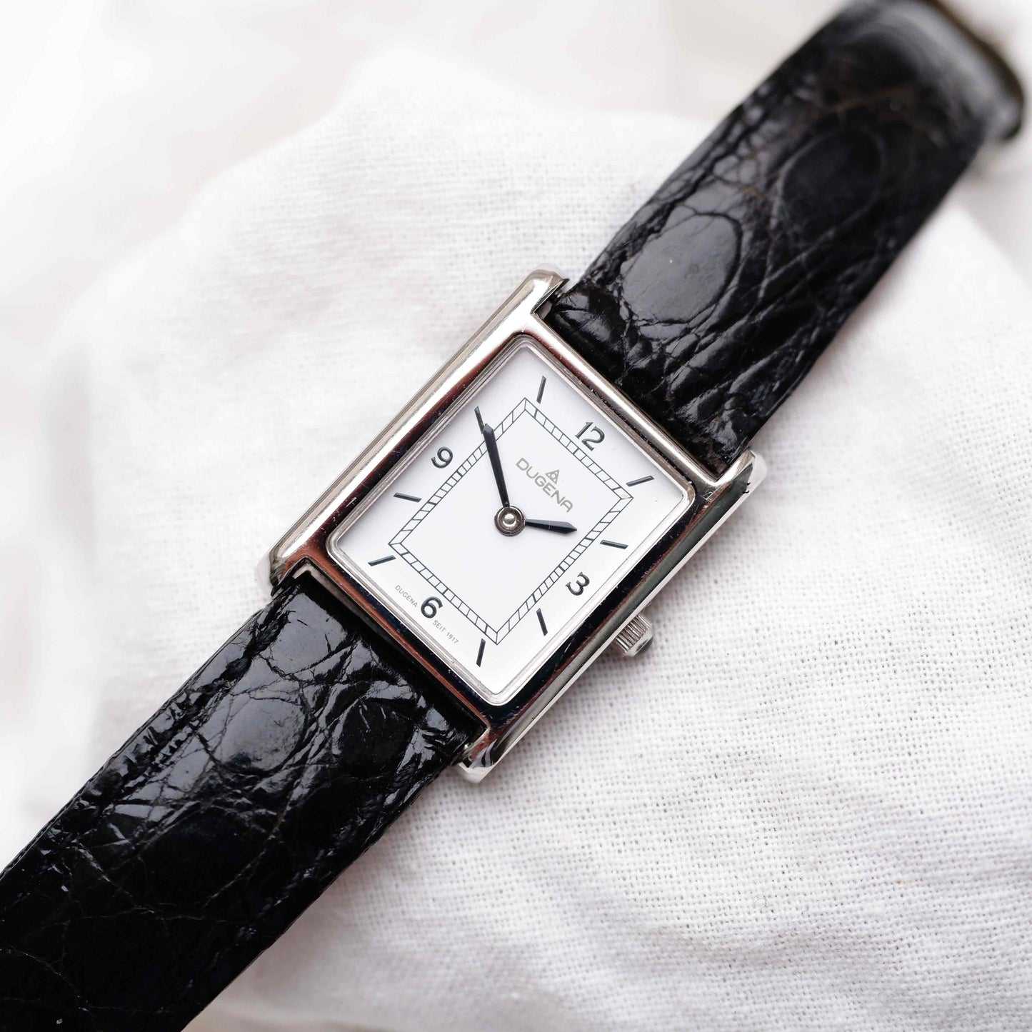 Dugena Tank: Vintage Ladies Watch 00s Silver Rectangular Style White Dial