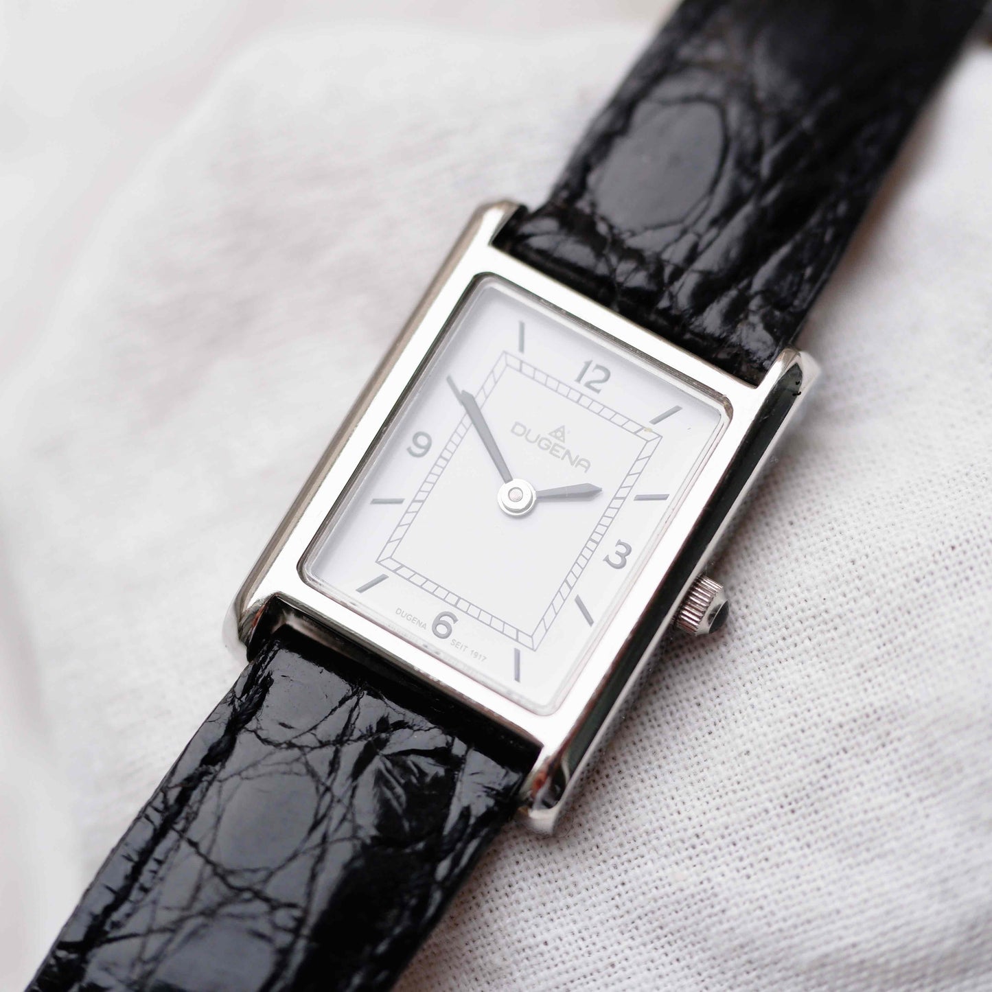 Dugena Tank: Vintage Ladies Watch 00s Silver Rectangular Style White Dial
